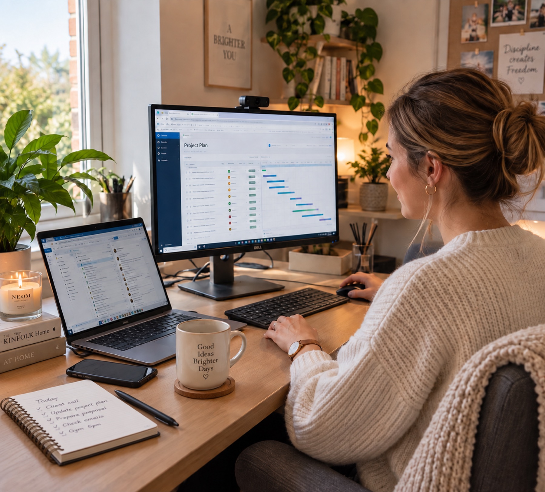 Business owner reviewing project automation and performance information on desktop and laptop screens