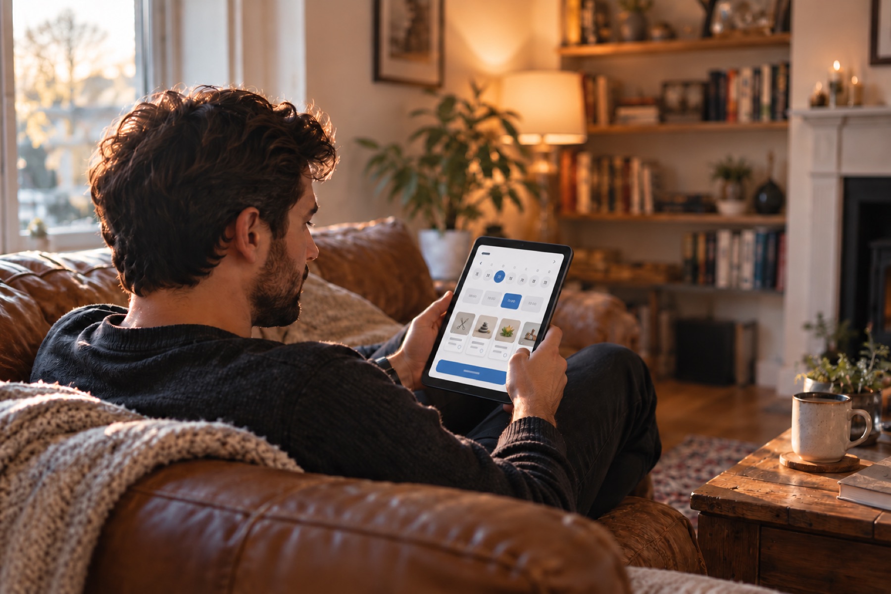 Customer using a mobile application on a tablet in a comfortable home environment