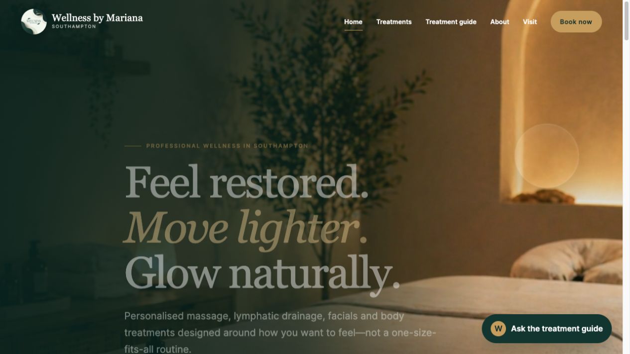 Current Wellness by Mariana massage and wellness website homepage shown on desktop, designed by Nalore Technologies